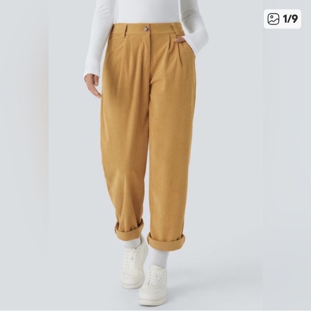 Halara Gold Mid Rise Button Zipper Side Pocket Corduroy Casual Pants NWT Large